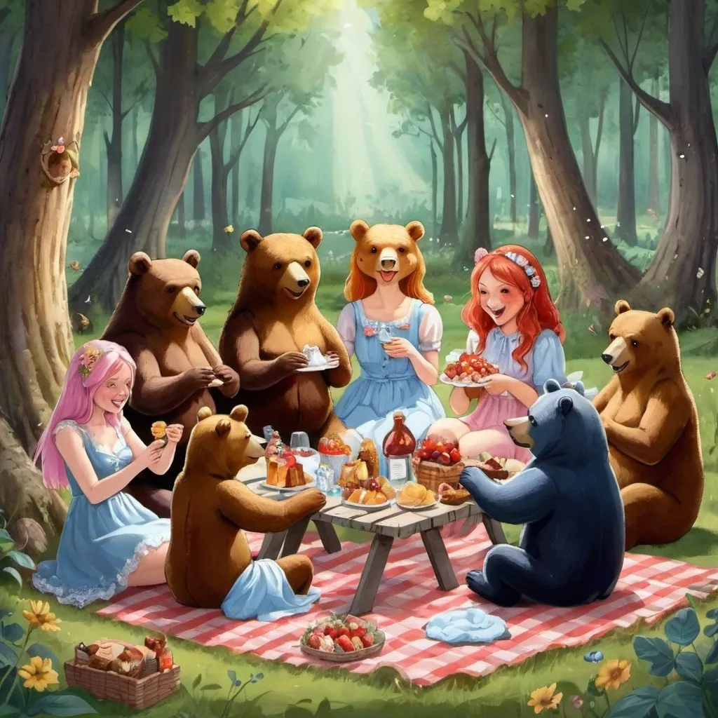 Prompt: Many happy women and bears at a picnic in the fairy forest