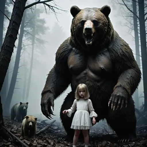 Prompt: Nightmare Demonic bears protecting Young girls, sinister woods, fog, dark, decay, ruins, war
