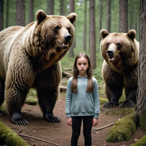 Prompt: Girls being protected by bears in sinister woods

