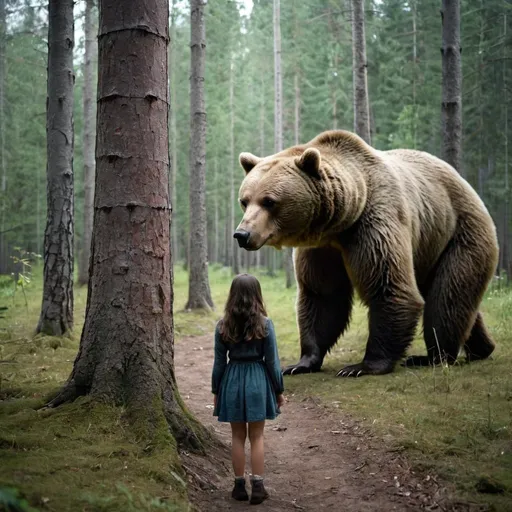 Prompt: Girl alone in woods with a bear