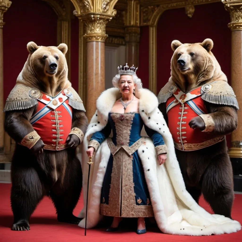 Prompt: Bears as a queen's bodyguards 
