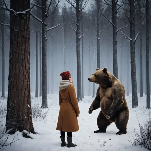 Prompt: A woman and a bear, stopping by woods on a snowy evening 