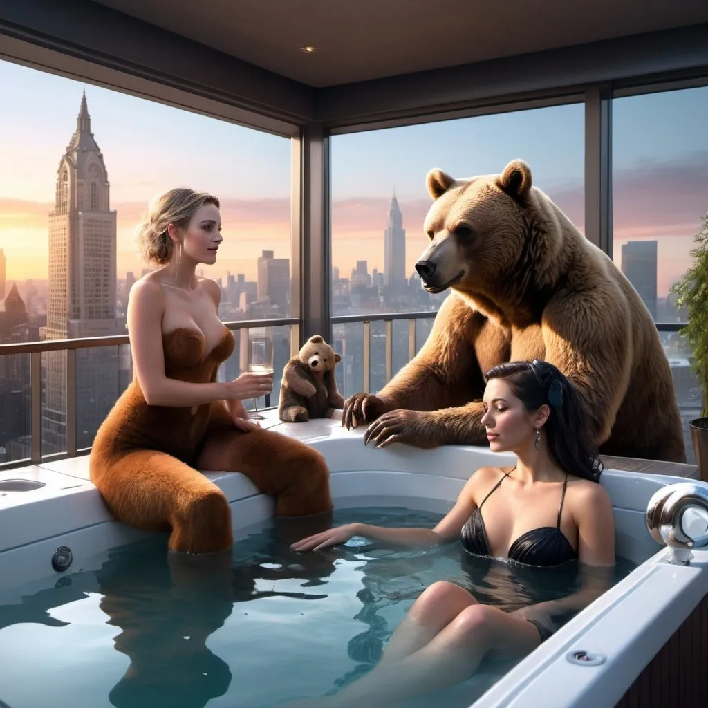 Prompt: Photorealistic fantasy women in hot tub with a bear listening to live piano music at a fancy party in a city penthouse 