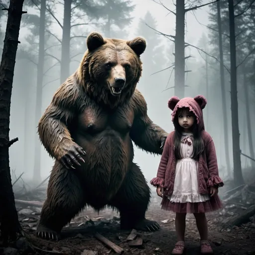 Prompt: Demonic bears protecting Young girls, sinister woods, fog, dark, decay, ruins, war

