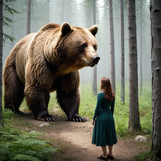 Prompt: A woman encountering a bear in the woods