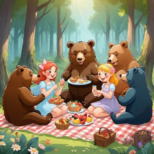 Prompt: Many happy women and bears at a picnic in the fairy forest