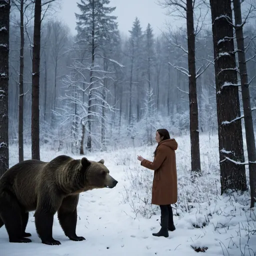 Prompt: A woman and a bear, stopping by woods on a snowy evening 