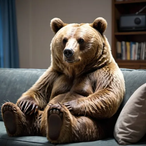 Prompt: Bear sitting on a couch watching TV 
