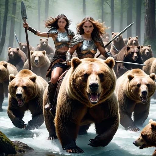 Prompt: Fantasy women warriors riding bears in to battle
