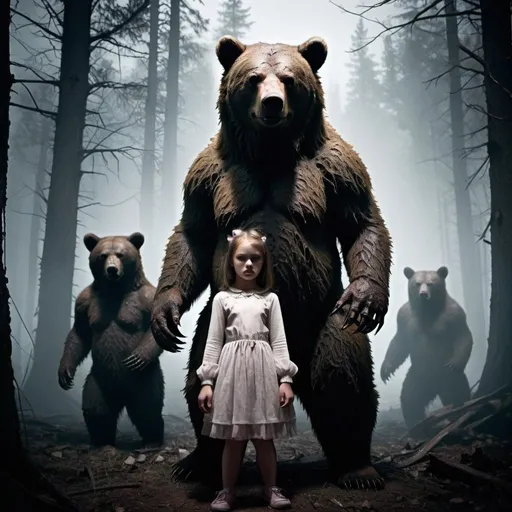 Prompt: Nightmare Demonic bears protecting Young girls, sinister woods, fog, dark, decay, ruins, war
