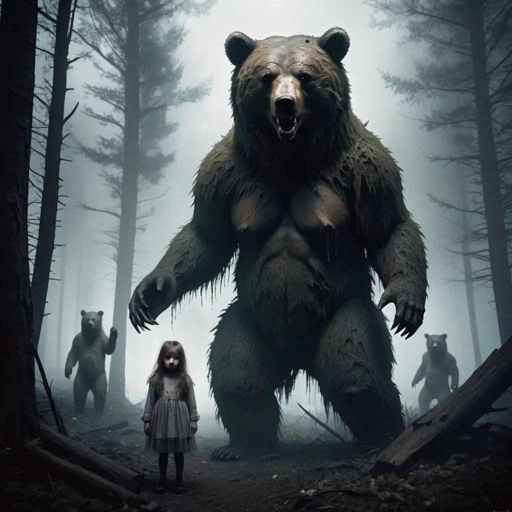 Prompt: Nightmare Demonic bears protecting Young girls, sinister woods, fog, dark, decay, ruins, war
