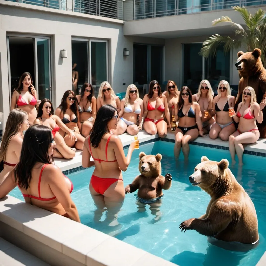 Prompt: Many women and bears partying together at a penthouse pool party 