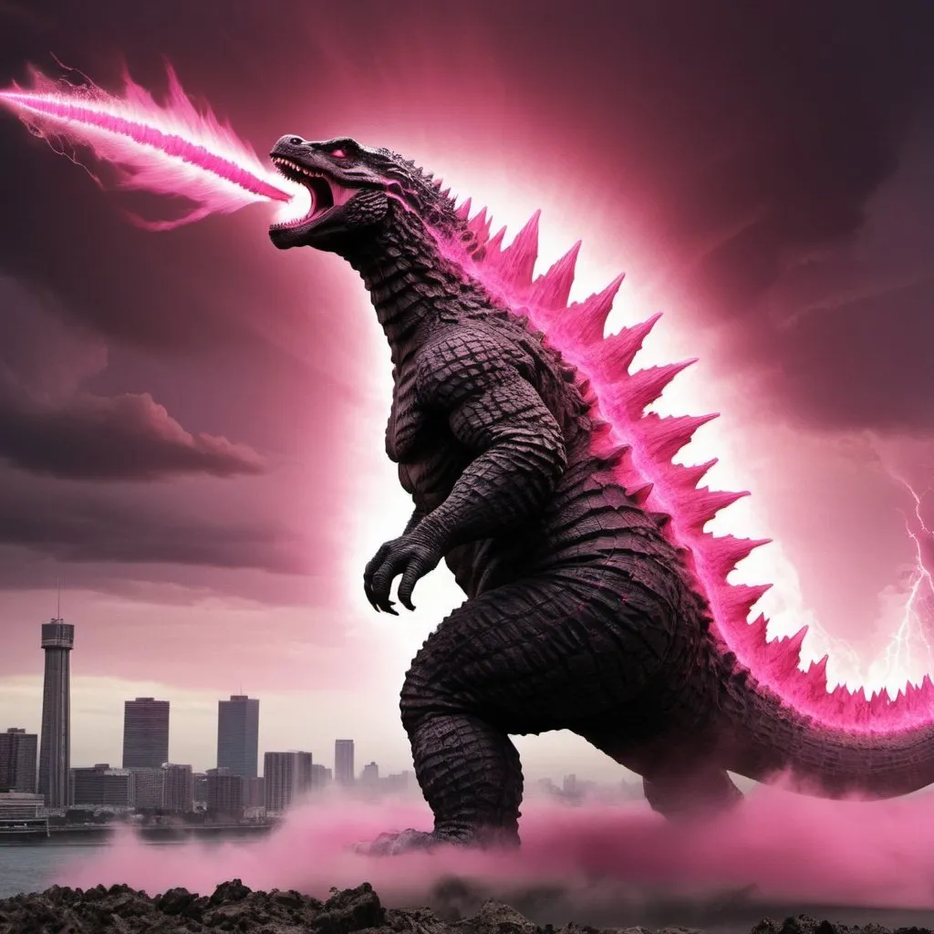 Prompt: godzilla destroying the earth with pink radiation tail
