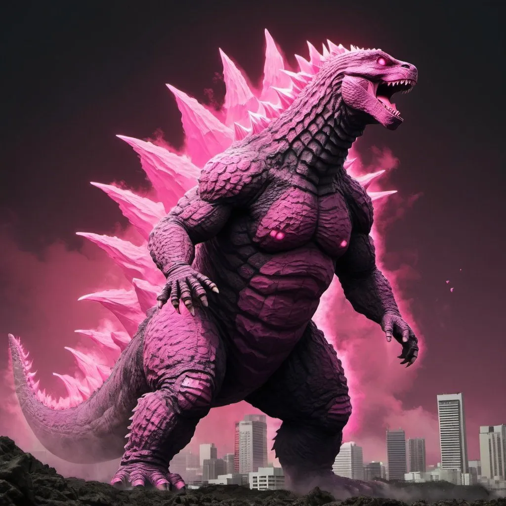 Prompt: create a godzilla with a lot of pink radiation

