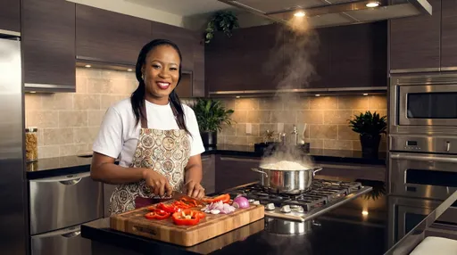 Prompt: Keeping the position of the woman the same, show here in the smart kitchen with a pot of boiling rice on the gas cooker and the woman wearing an apron and cutting vegetables on a wooden chopping board 