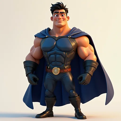 Prompt: A full-body 3D-rendered animated character named Omar, designed for a cinematic animated film, powerful and realistic cartoon style (Pixar/Disney hybrid), male hero in his mid-20s with Central Asian (Uzbek) features — tan skin tone, short black hair, strong jawline, hazel-brown expressive eyes, athletic and muscular build, wearing a unique and custom-designed dark metallic blue superhero suit with traditional Uzbek pattern accents subtly integrated into the armor panels, flowing deep blue half-cape on one shoulder, leather utility belt, reinforced boots, high-tech wrist gauntlets, heroic stance with legs apart and arms slightly bent, standing confidently, slight smile showing warmth and courage, realistic fabric and metal textures, golden-hour cinematic lighting, background transparent, highly detailed and inspirational, appealing to both kids and adults --v 6 --ar 2:3 --style photographic --quality 2 --stylize 200