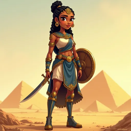 Prompt: A full-body cartoon-style portrait of a beautiful female warrior with mulatto skin tone, inspired by ancient Egyptian aesthetics. She wears modest, fully covered battle attire — a long, decorated tunic with golden patterns and deep blue fabric, layered with lightweight armor pieces on the shoulders, chest, and arms. Her outfit includes fitted trousers and knee-high protective boots, blending traditional Egyptian style with fantasy warrior design. Her braided hair is adorned with gold rings and beads, and she wears a small royal headpiece. Her eyes are expressive, lined with kohl, showing determination and warmth. She holds a stylized khopesh sword and a small round shield. Background shows golden desert dunes and pyramids in soft cartoon lighting. Disney/Pixar animation style, full body, front view, soft and colorful, clean lines, 4K resolution.
