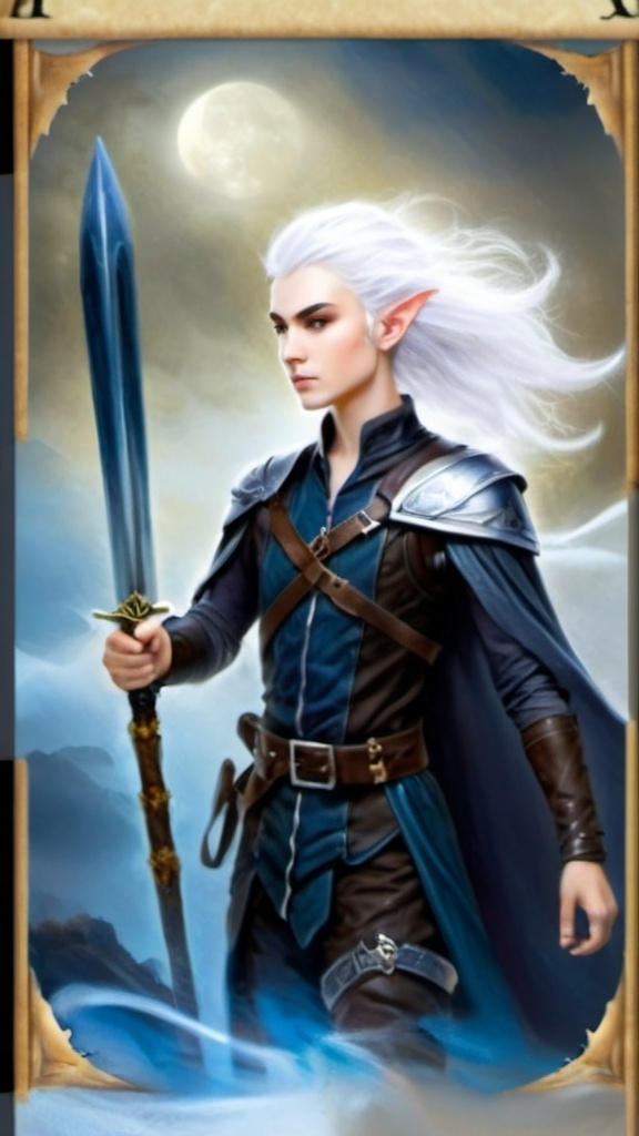 Prompt: a painting of a elf, white hair, a magic staff in left hand and a sword in right hand, has a Sheathed dagger on his hip, fantasy art, epic fantasy character art, a watercolor painting, a tarot card.