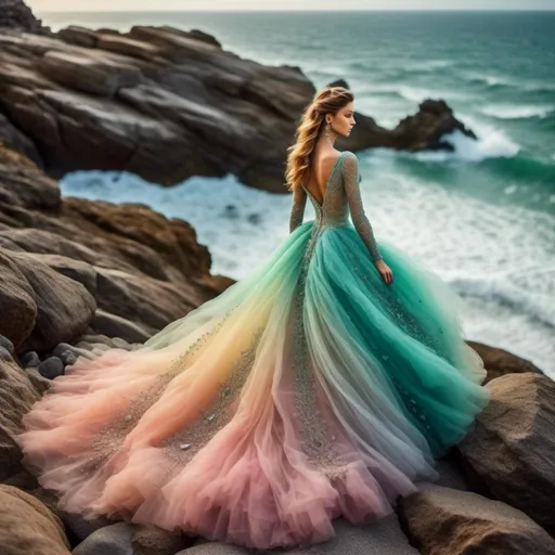 Prompt: <mymodel> in an exquisite gown with tiny gems, on a beauftiful beach, with turqoise seas, waves, glowing, transluent beautiful multicolor pastel rocks along the shore