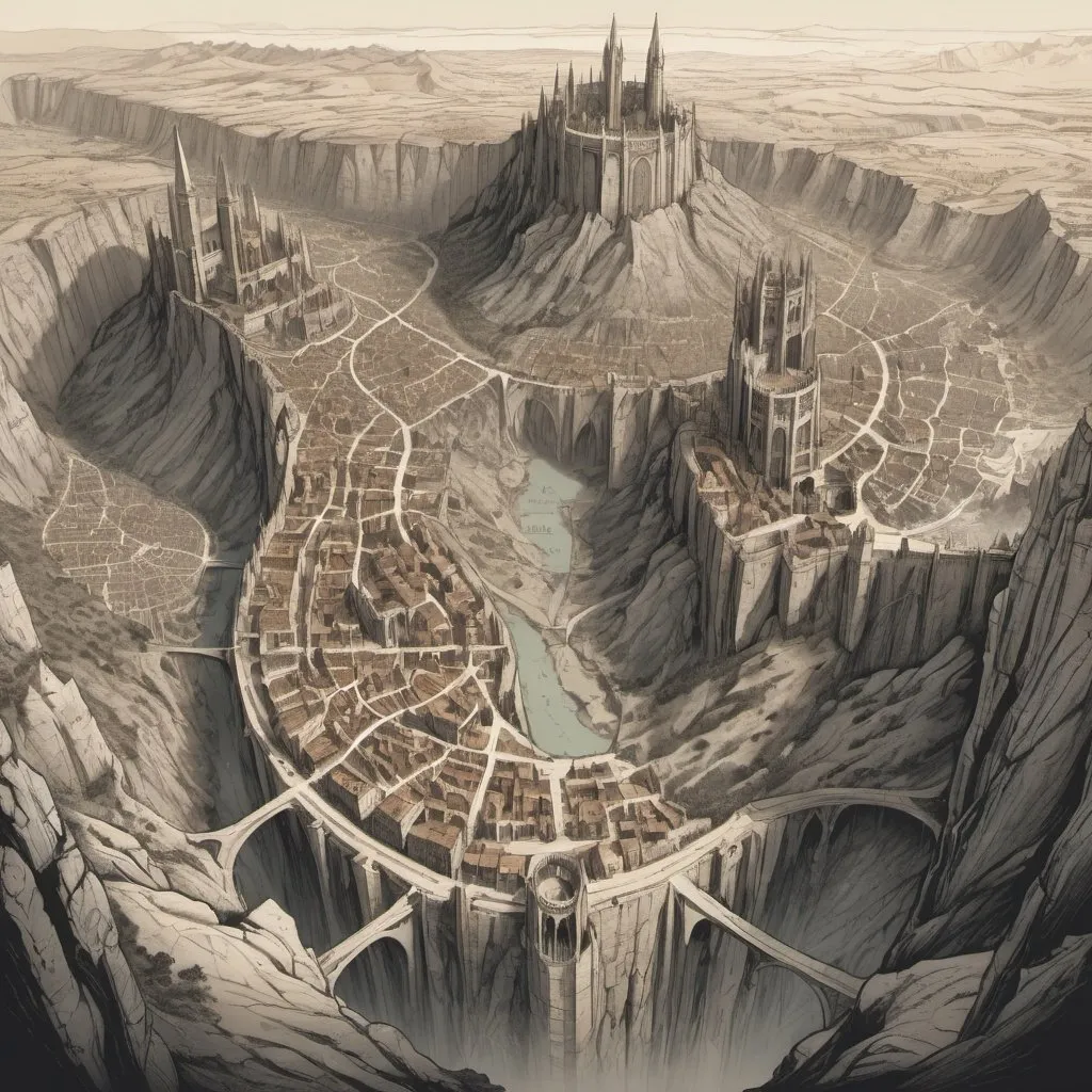 Prompt: Map drawing in Tolkien style, top-down view of a grand, gothic holy city bisected by an enormous canyon. Large walls cover the canyon cliffs, keeping the evil within the pits. Very large town outside of city walls. Population of millions of people.