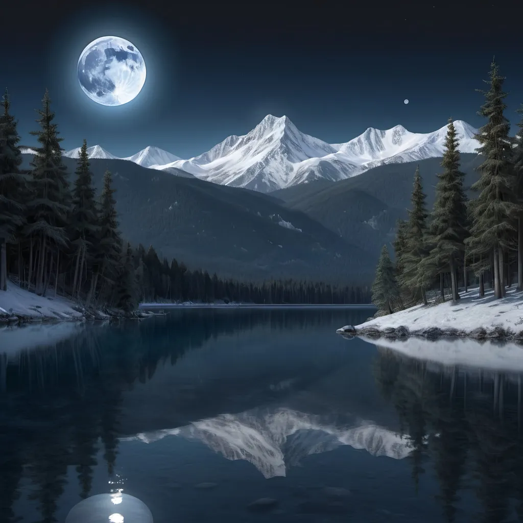 Prompt: An 8K photorealistic image with a panoramic aspect ratio showing a mountainous nighttime landscape. In the top left is a large glowing full moon with wispy clouds adding texture to the deep blue night sky. The central view is dominated by towering snow-capped peaks. To the right are forests of evergreen trees surrounding the base of the mountains. In the foreground is a calm lake reflecting the scenery, with a smaller circular moon reflection appearing in the bottom left of the water's surface. The overall scene is illuminated primarily by the bright moonlight, rendering the landscape in cool shades of blue and gray.