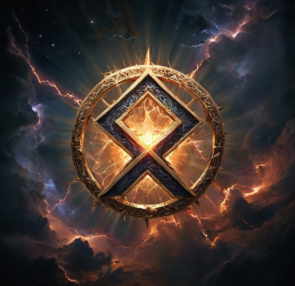 Prompt: add SCRIPT [XPRESS RELAY DEALERS] along the botton The txt engraved boldy as is carved into the gold should read XPRESS RELAY DEALERS. A mesmerizing emblem emerges against a cosmic backdrop, defined by swirling red clouds of deep purples, reds, and hints of fiery orange, suggesting a stellar explosion with red bolts of lightning At the center, a gold-framed symbol, resembling an ancient rune, features a bold, dark geometric shape that radiates light from an inner glowing core. The intricate details of the circular border, adorned with ornate patterns, enhance the mystical quality of the image, inviting intrigue and speculation about its meaning. This visually striking composition evokes a sense of wonder and awe, as if hinting at an ancient nordic power intertwined with the vastness of space, creating an ethereal atmosphere that captivates the viewer. The txt engraved boldy as is carved into the gold should read XPRESS RELAY DEALERS A mesmerizing emblem dominates the celestial scene, framed by swirling clouds illuminated from within by a radiant light. The symbol at the center, a geometric formation reminiscent of ancient runes, is designed in a combination of deep metallic tones that reflect the glowing core behind it. Surrounding the emblem, dark cosmic elements float, including distant asteroids and hints of energy radiating in jagged bursts, creating a dramatic sense of movement and power. The backdrop of clouds and starry splendor enhances the mystical atmosphere, evoking feelings of ancient mythology intertwined with cosmic energy. This composition encapsulates a sense of awe and wonder, suggesting a deep narrative about the convergence of realms or the unveiling of hidden knowledge.