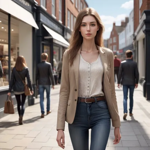 Prompt: Tall young woman walking down the high street, detailed clothing, realistic, natural lighting