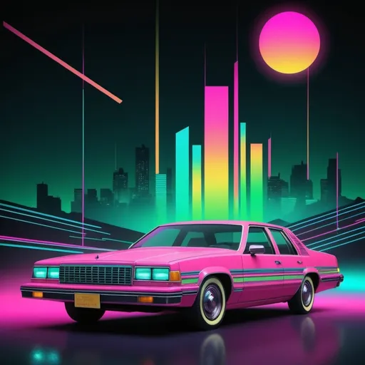 Prompt: Render a mesmerizing vintage retro wave design that embodies the spirit of the 1980s, replete with vibrant neon hues of pink, green, blue, and yellow, set against a dark, gradient background that shimmers with a subtle, metallic sheen. The overall aesthetic is a nostalgic blend of futuristic and retro elements, with distressed, worn textures and subtle, glitch-like effects that evoke the era's early computer graphics and VHS tapes. Incorporate stylized, abstract shapes and lines that evoke the iconic Memphis design movement, with bold, curvaceous forms and geometric patterns that pulse with an otherworldly energy. The design should feel playful, yet sophisticated, with a sense of retro-futurism that celebrates the exuberance and optimism of the decade. Incorporate subtle, neon-lit accents that resemble old-school video games, cassette tapes, and retro-futuristic architecture, merging the past and the future in a swirling vortex of colorful, retro chaos.