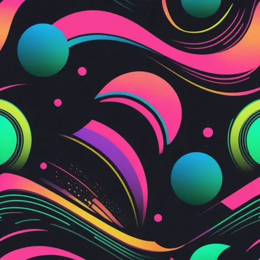 Prompt: Render a mesmerizing vintage retro wave design that embodies the spirit of the 1980s, replete with vibrant neon hues of pink, green, blue, and yellow, set against a dark, gradient background that shimmers with a subtle, metallic sheen. The overall aesthetic is a nostalgic blend of futuristic and retro elements, with distressed, worn textures and subtle, glitch-like effects that evoke the era's early computer graphics and VHS tapes. Incorporate stylized, abstract shapes and lines that evoke the iconic Memphis design movement, with bold, curvaceous forms and geometric patterns that pulse with an otherworldly energy. The design should feel playful, yet sophisticated, with a sense of retro-futurism that celebrates the exuberance and optimism of the decade. Incorporate subtle, neon-lit accents that resemble old-school video games, cassette tapes, and retro-futuristic architecture, merging the past and the future in a swirling vortex of colorful, retro chaos.