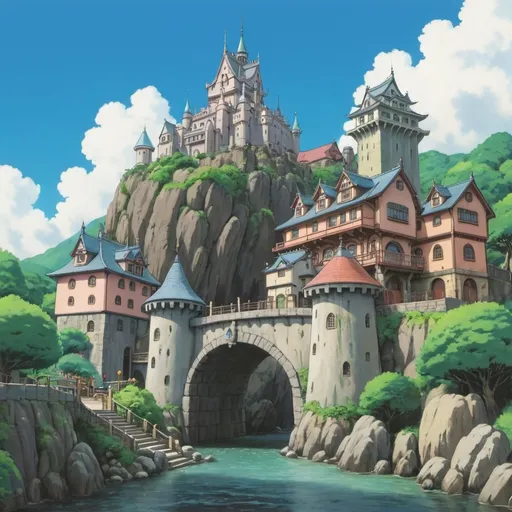 Prompt: STUDIO GHIBLI TOWN, CASTLE BACKGROUND