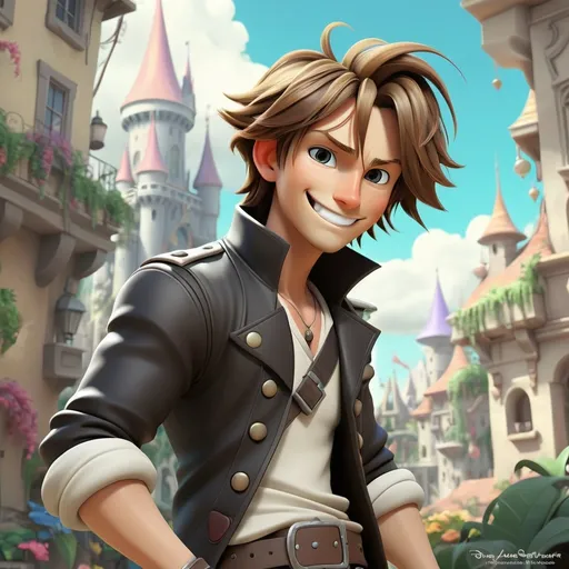 Prompt: Disney style, Squall Leonhart, final fantasy 8, happy smile, vibrant colors, sunny