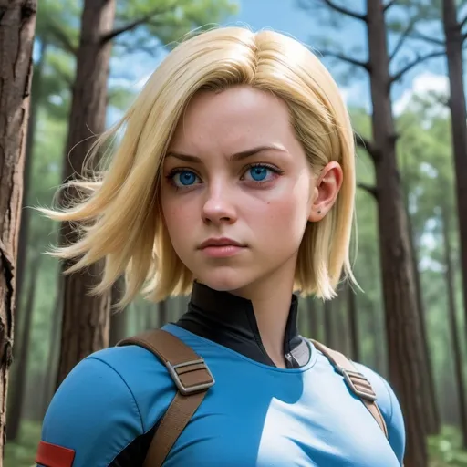 Prompt: un entorno de batalla en el bosque, con un cielo despejado pero la atmósfera cargada de tensión. Android 18, con su cabello rubio y una vestimenta casual, está lanzando ráfagas de energía hacia Cell, blue eyes, (ultra-detailed), (4K resolution)