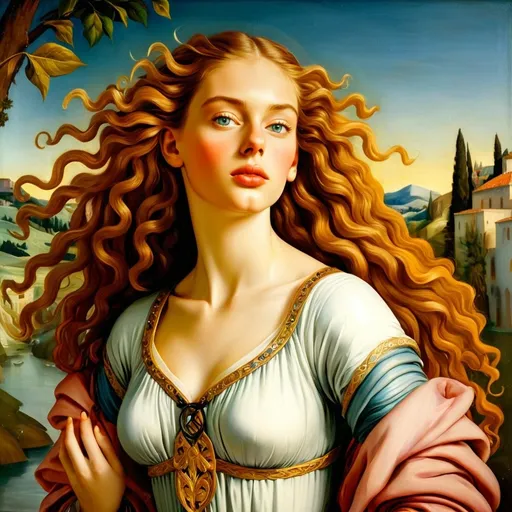 Prompt: (Sandro Botticelli style woman), medium: (oil painting), curly hair, early Renaissance theme, mythological elements, vibrant color palette, intricate details, dreamy ambiance, rich textures, flowing garments, ethereal backdrop resembling classical landscapes, graceful pose, soft lighting illuminating the figure, ultra-detailed, (masterpiece), capturing the essence of beauty and mythology.