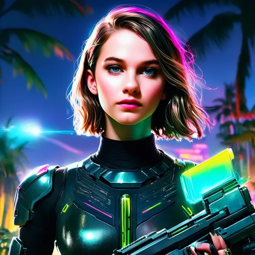 Prompt: (4K), close up of a person wearing (futuristic visors), holding a gun, vibrant (shiny cyberpunk colors), palm tree in the background, embodying (retrofuturism), evocative of (1980s sci-fi), ideal for (game cover art), striking and bold character design, cinematic depth, futuristic ambiance, high-resolution detail, visually dynamic contrast and style, 4K.