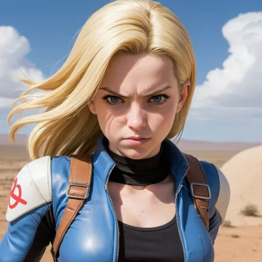 Prompt: un entorno de batalla en el desierto, con un cielo despejado pero la atmósfera cargada de tensión. Android 18, con su cabello rubio y una vestimenta casual, está lanzando ráfagas de energía hacia Cell, 