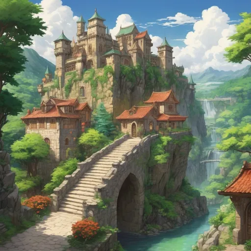 Prompt: (castle from Suikoden), whimsical (Ghibli style), enchanting town scenery, protected by stone walls, lush greenery, vibrant colors, magical atmosphere, intricate architectural details, charming houses, bustling market scenes, inviting pathways, soft sunlight illuminating the setting, cozy feel, serene vibe, engaging layout, (high-definition), (ultra-detailed) artwork, captivating composition, immersive world.