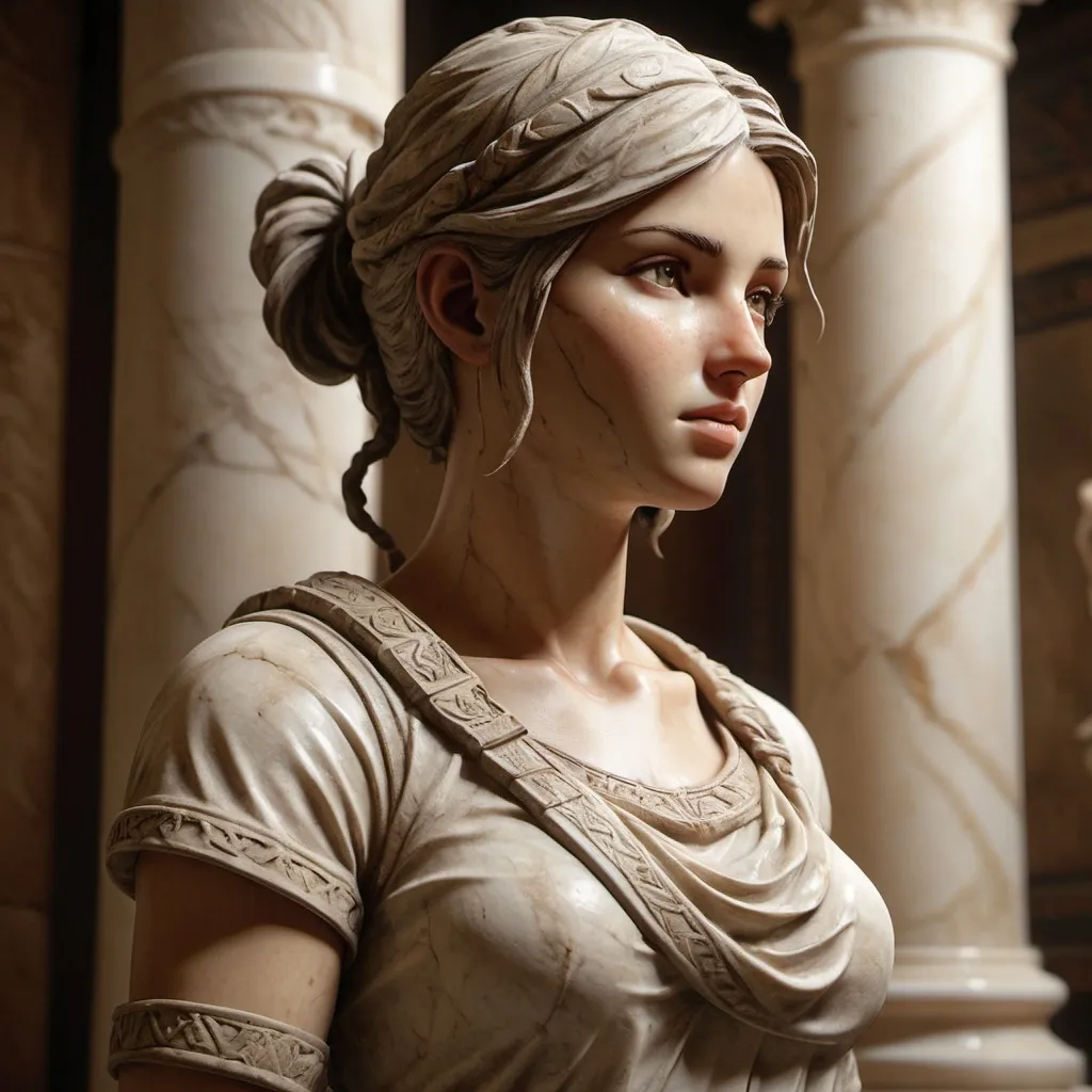 Prompt: (marble sculpture), (uncharted), Nathan Drake, Elena Fisher, full body,  Hellenistic 1st century AD aesthetic, gracefully carved details, soft lighting creates a tranquil ambiance, warm shadows accentuate the figures, intricately detailed textures, ancient atmosphere evokes a sense of history, balanced composition, ultra-detailed, evokes adventure and discovery.