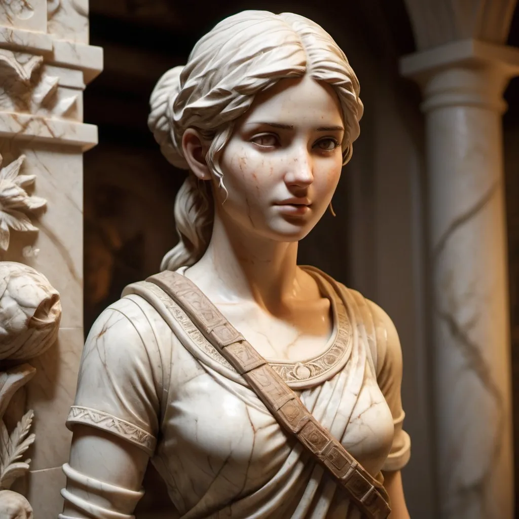 Prompt: (marble sculpture), (uncharted), Nathan Drake, Elena Fisher, Hellenistic 1st century AD aesthetic, gracefully carved details, soft lighting creates a tranquil ambiance, warm shadows accentuate the figures, intricately detailed textures, ancient atmosphere evokes a sense of history, balanced composition, ultra-detailed, evokes adventure and discovery.