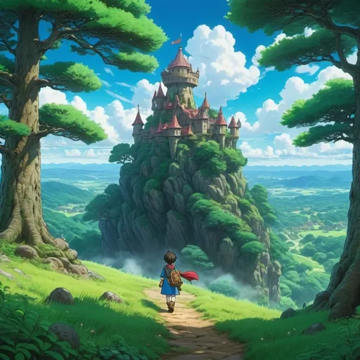 Prompt: (Dragon Quest theme), enchanting (Studio Ghibli style), vibrant forest of pine trees, expansive large green fields, lush landscapes, whimsical atmosphere, captivating details, magical adventure, high-quality 4K, atmospheric lighting, serene ambiance, fantasy elements dancing in harmony, inviting exploration, rich colors, awe-inspiring scenery.