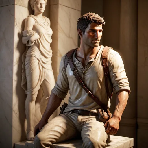 Prompt: marble sculpture, uncharted, nathan drake, elena fisher, .hellenistic 1st century AD,soft lighting