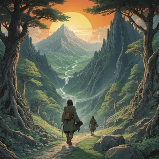 Prompt: (dynamic scene from (Fellowship of the Ring)), (Tolkien-inspired), 1980s anime style, richly detailed characters, colorful and vibrant colors, intricate backgrounds, epic landscape filled with mountains and mystical forests, heroic poses, dramatic lighting casting shadows, nostalgic atmosphere, highly imaginative expression, (ultra-detailed), capturing an adventurous spirit, visually striking with a sense of camaraderie, high-detailed.