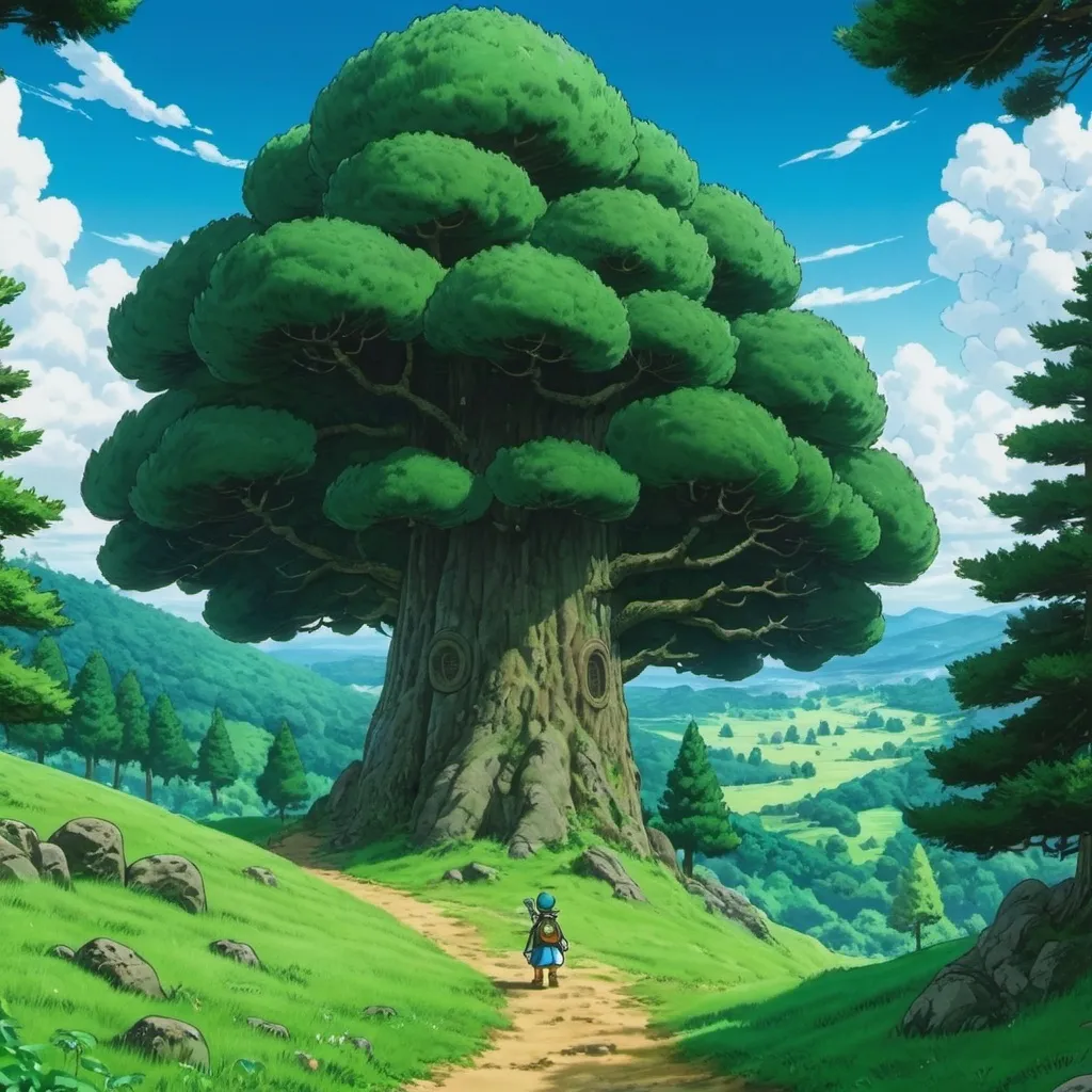 Prompt: dragon quest, studio ghibli, forest of pine trees, large green fields, 4k