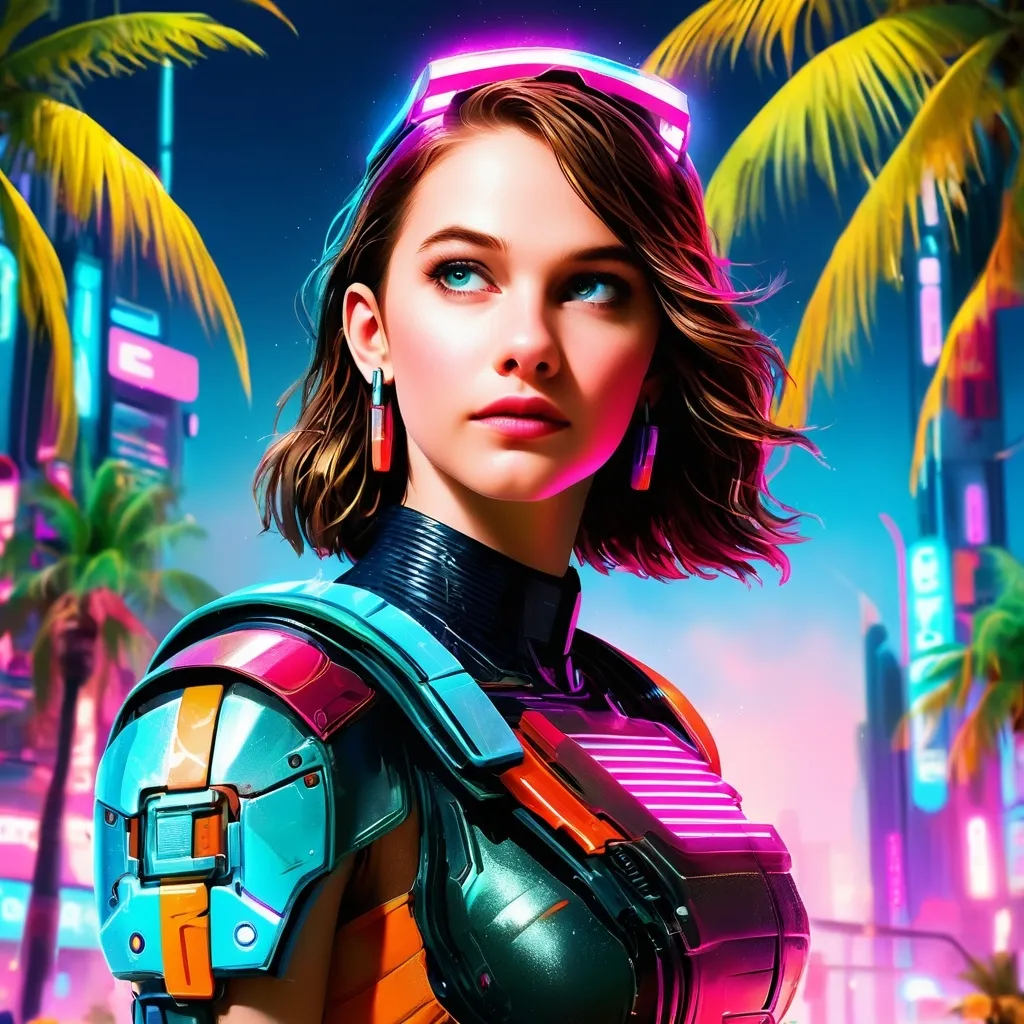 Prompt: a close up of a person wearing futuristic visors a palm tree, shiny cyberpunk colors, retrofuturism, 1980s sci-fi, game cover art, character, 4k