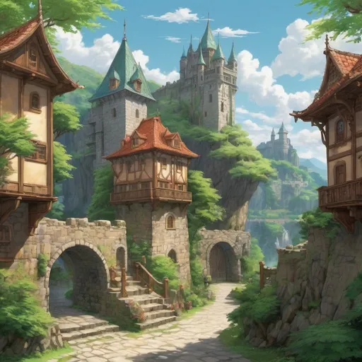 Prompt: (castle from Suikoden), whimsical (Ghibli style), enchanting town scenery, protected by stone walls, lush greenery, vibrant colors, magical atmosphere, intricate architectural details, charming houses, bustling market scenes, inviting pathways, soft sunlight illuminating the setting, cozy feel, serene vibe, engaging layout, (high-definition), (ultra-detailed) artwork, captivating composition, immersive world.