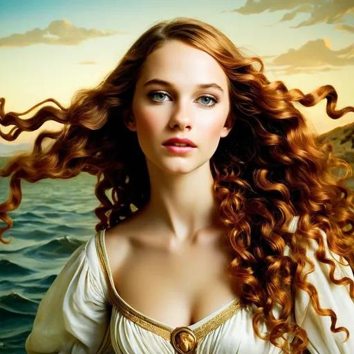 Prompt: Sandro Botticelli style woman with curly hair, early Renaissance, mythological, linear, vibrant