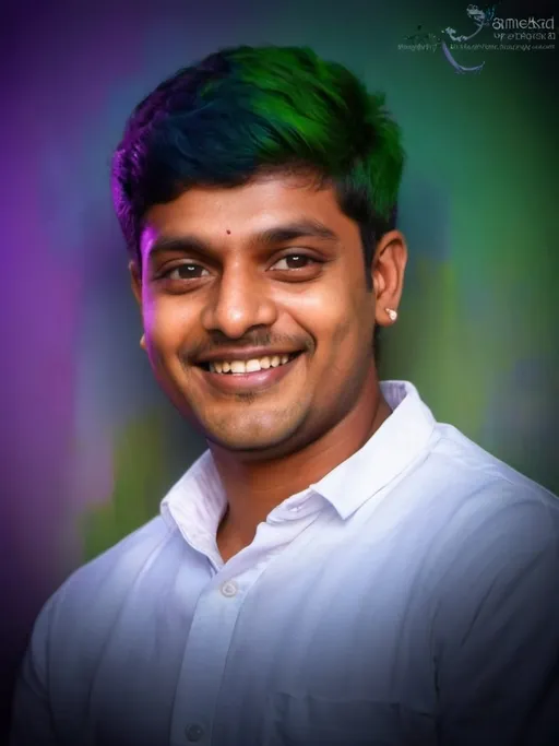 Prompt: a man with green hair and a white shirt smiling for a picture with a purple background and a purple background, Bholekar Srihari, samikshavad, jayison devadas, an airbrush painting