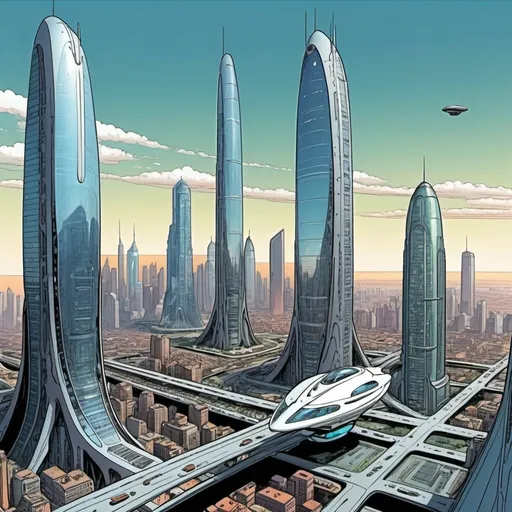 Prompt: Moebius like comic, very tall future buildings skyscrapers, a lot of future flying cars, city view from the sky