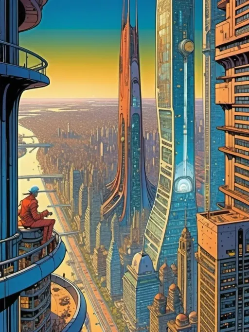 Prompt: Moebius like comic, very tall future buildings skyscrapers, 1000 future flying cars, city view from the sky