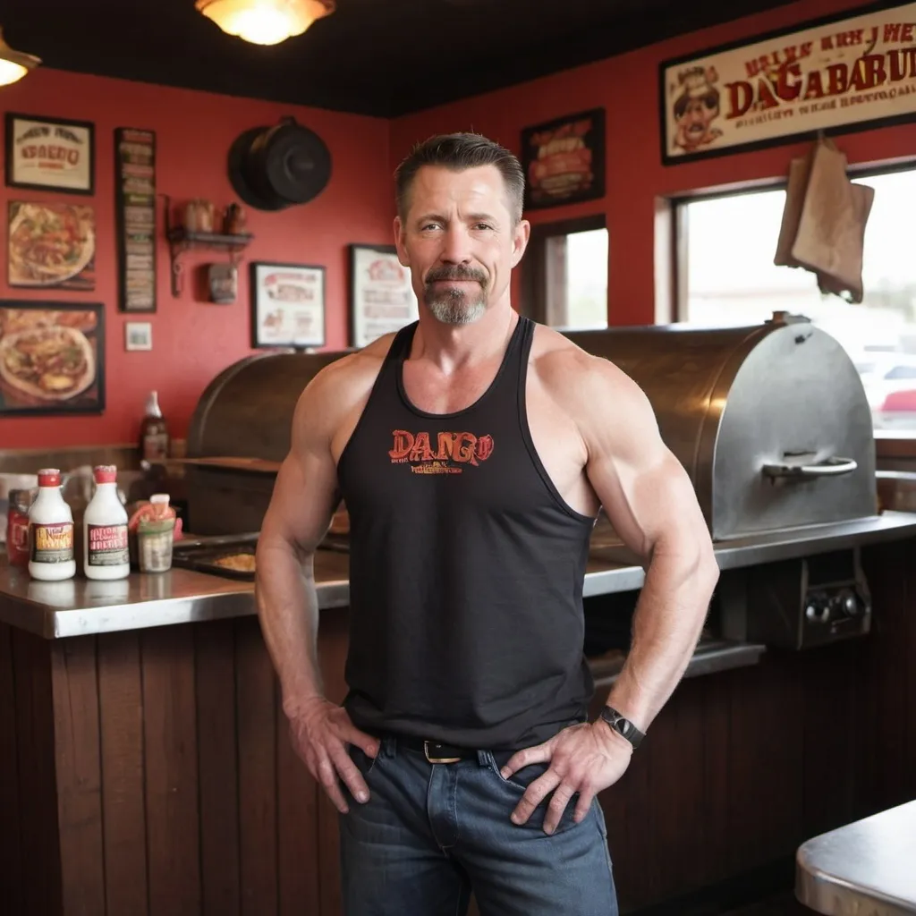 Prompt: John Barbeque, a white man in his 40s who owns a Mexican restaurant named Dang Barbeque. His build is fit and toned 