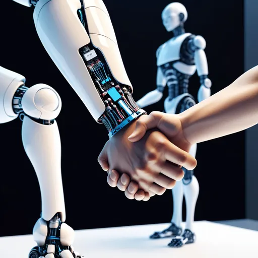 Prompt: a human shaking hands with AI model